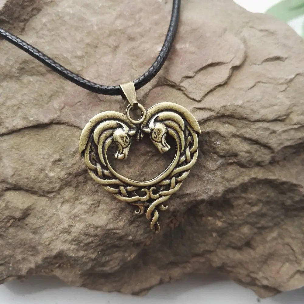 Heart Horsehead Pendant Necklace, Double Horse Necklace