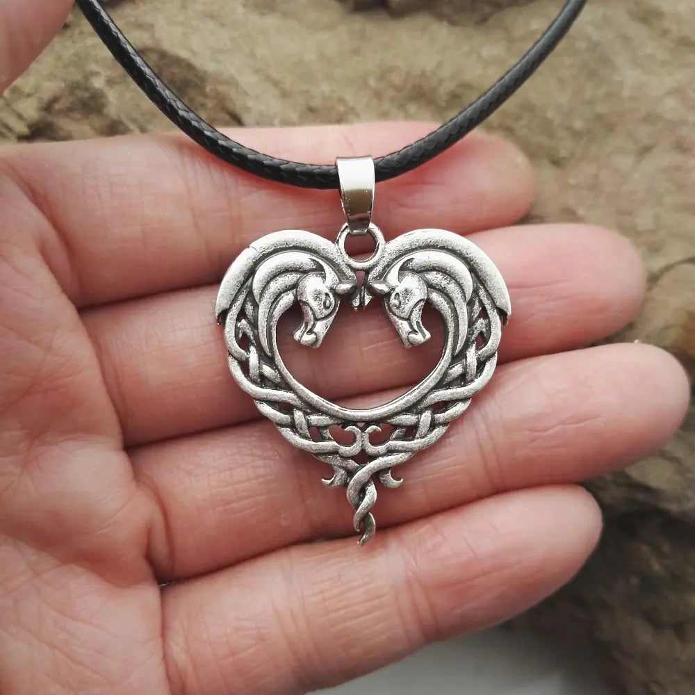 Heart Horsehead Pendant Necklace, Double Horse Necklace